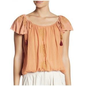 Free People Pukka Embroidered Top Orange Coral Boho Pullover With Tassels S
